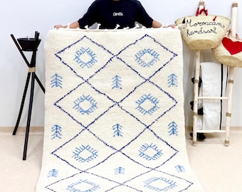 Soft Beni Ourain Shag Rug - 6.3x4.3FT Moroccan Carpet, Blue Geometric Design, Handmade Bohemian Area Rug, Handcrafted Living Room Wool Rug