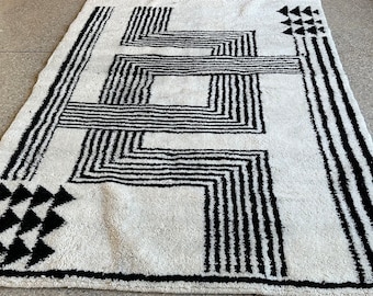 Black White Moroccan Rug | Custom Beni orain Handwoven Carpet | Wool Striped Area Rug