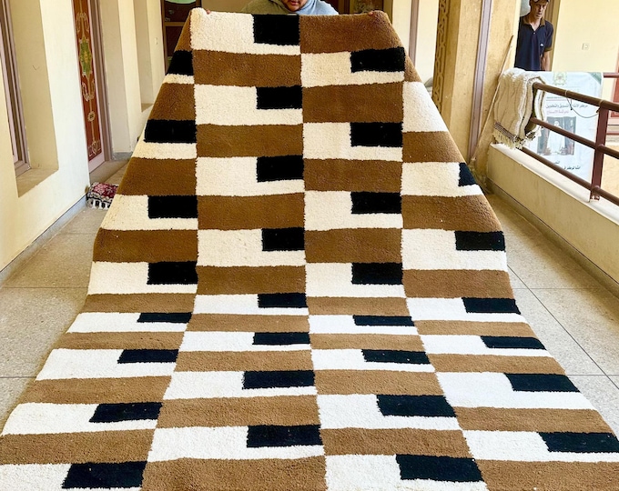Featured listing image: Custom Moroccan Wool Rug – Beni Ourain Brown & White Geometric Design, Handwoven Berber Carpet, Square Shag Rug,
