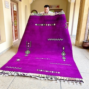 Purple Moroccan Rug – Abstract Beni Ourain Rug – Handwoven Soft Wool Carpet – Boho Area Rug for Living Room & Bedroom