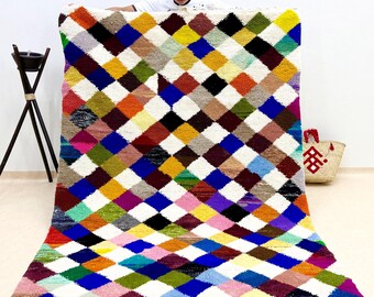 MULTICOLOR MOROCCAN RUG 5.7x8FT Geometric Wool Rug, Large Beni Ourain Rug, Handcrafted Berber Carpet, Area Rug, Artisan Made Floor Decor
