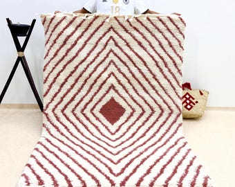 Moroccan Pink and White Rug – 6.7x4.6FT Custom Beni Ourain Wool Carpet– Handwoven Striped Berber Area Rug for Boho & Scandinavian Home Decor