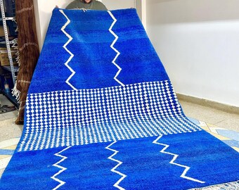 Moroccan Rug - Blue and White Abstract Beni Ourain Wool Carpet - Custom Handmade Area Rug for Contemporary Home Deco