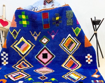 ROYAL BLUE RUG, Abstract Moroccan Rug, Custom Beni Ourain Rug, Handcrafted Berber Carpet, Blue Background Area Rug, Modern Wool Rug.