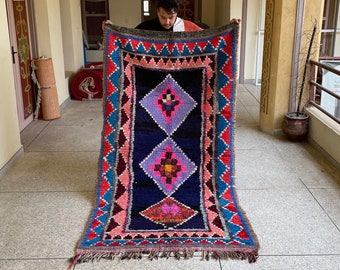 TIMELESS MOROCCAN RUG, Handmade Colorful Rug 7x4, Vintage Cotton and Wool Rug, Woven Geometric Rug, Purple & Blue Area Carpet, Bohemian Rug.