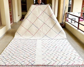 Cozy Moroccan Rug, Geometric Beni Ourain Rug, White and Multicolor Striped Rug, Handmade Sheep Wool Rug, Area Rug for Minimalist Home Decor