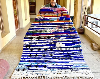 Moroccan FUNKY MRIRT RUG, 8.3x6FT Handmade High Quality Wool Rug, Hand-Woven Striped Blue Rug, Elegant Moroccan Berber Rug, Area Rug