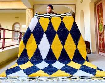 MINIMALIST WOOL CARPET, Yellow and Black Geometric Moroccan Rug, Custom Beni Ourain Rug, Elegant & Shag Area Rug, Scandinavian Interior