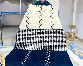 Moroccan Rug - 5.5x7.8FT Black and White Abstract Beni Ourain Wool Carpet - Handmade Striped Area Rug for Bohemian Living Room or Bedroom