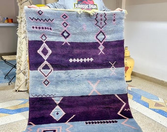 Handmade Modern Moroccan Purple Rug | 5.9x4.1 FT Beni Ourain Tribal Wool Carpet | Contemporary Design for Living Room & Bedroom Decor