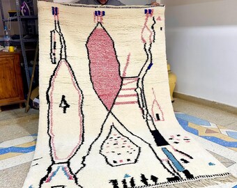 LIVING ROOM DECOR, Modern Handmade Moroccan Rug, Custom Beni Ourain Wool Rug, White & Pink Area Rug, Abstract Berber Carpet.