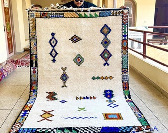 Moroccan Rug – White and Black Abstract Beni Ourain Rug – Handmade Wool Berber Carpet for Boho & Contemporary Home Decor