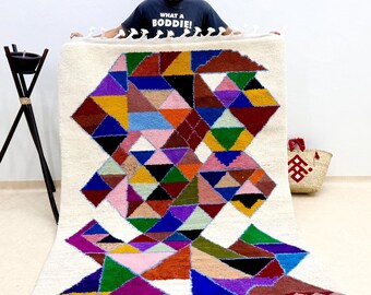 Durable Beni Ourain Rug – Woven Moroccan Wool Carpet – White & Multicolor Custom Shag Area Rug – Handmade Geometric Berber Rug