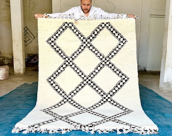 Moroccan Rug - Black and White Geometric Beni Ourain Wool Carpet - Custom Handmade Area Rug for Living Room & Bedroom