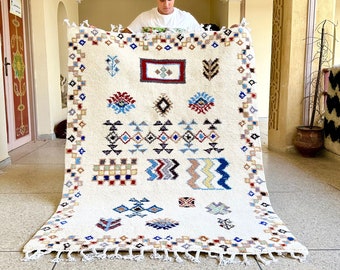 FABULOUS Moroccan Rug, White Abstract Beni Ourain Rug, Area Berber Handmade Rug, Custom Hand-Knotted Azilal Rug for Boho Living Room,Bedroom