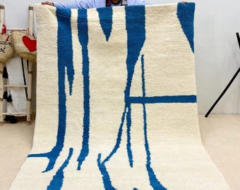 Moroccan rug - Beni ourain rug Wool - Custom size rug - Handmade rug - Blue Berber area rug - Free shipping - White and Blue wool rug