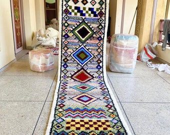 Moroccan Runner - White and Multicolor Abstract Beni Ourain Wool Carpet - Custom Handwoven Hallway Rug for Bohemian Home Style
