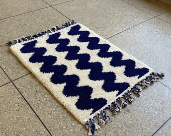 Moroccan Area Rug, Moroccan Rug, Moroccan Blue Rug, Striped Beni Ourain Rug - Royal Blue and White Minimalist Boho Rug