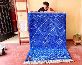 Blue Moroccan Rug – Geometric Beni Ourain Rug – Custom Abstract Handmade Wool Carpet – Berber Inspired Living Room Area Rug