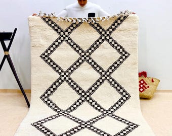 COZY WOOL RUG, Modern Beni Ourain Rug, Brown and White Moroccan Rug, Handwoven Berber Carpet, Geometric Custom Design, Durable Area Rug.