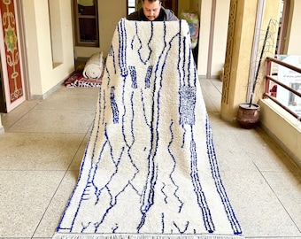 Gorgeous Beni Ourain Rug, Blue and White Moroccan Handmade Carpet, Berber Striped Rug, Tapis Berbere, Custom Wool Rug, Teppich Marokko