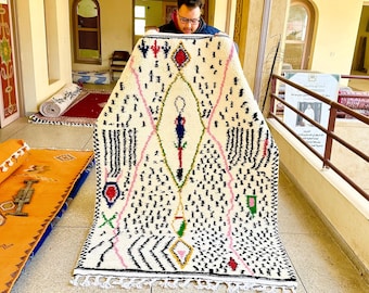 Abstract Moroccan Rug, Black and White Beni Ourain Rug, Boho Sheep Wool Carpet for Eco-Friendly Home Decor, Custom Area Rug for Living Room