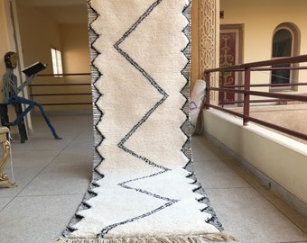 Moroccan Black and White Runner Rug | Beni ourain Abstract Carpet | Scandinavian Hallway Rug