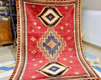 RED & Yellow Vintage RUG, Moroccan Berber Symbols Rug 5x8FT, Woven Geometric Area Carpet, Hand Knotted Bohemian Rug, Vibrant Sheep Wool Rug.