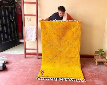 Yellow Moroccan Wool Rug | Geometric Shag Berber Carpet | Custom Area Rug for Stylish Neutral Home Decor