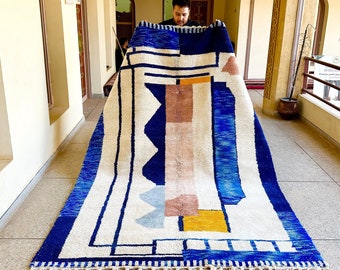MAROKKAANSE WOLLEN TAPIJT, handgemaakt wollen tapijt, Beni Ourain-tapijt, Marokkaans Berber-tapijt, blauw en wit tapijt, tribal abstract tapijt, Azilal Marokkaans tapijt