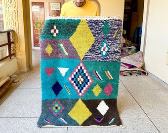 Moroccan Blue Vibrant Rug – Beni Ourain Multicolor Wool Carpet – Handmade Boho Statement Area Rug for Living Room or Bedroom Decor