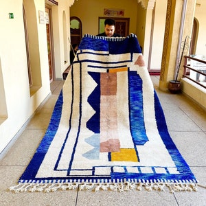 MOROCCAN WOOL CARPET, Handmade Wool Rug, Beni Ourain Rug, Moroccan Berber Rug, Blue And White Rug, Tribal Abstract Rug, Azilal Moroccan Rug image 1