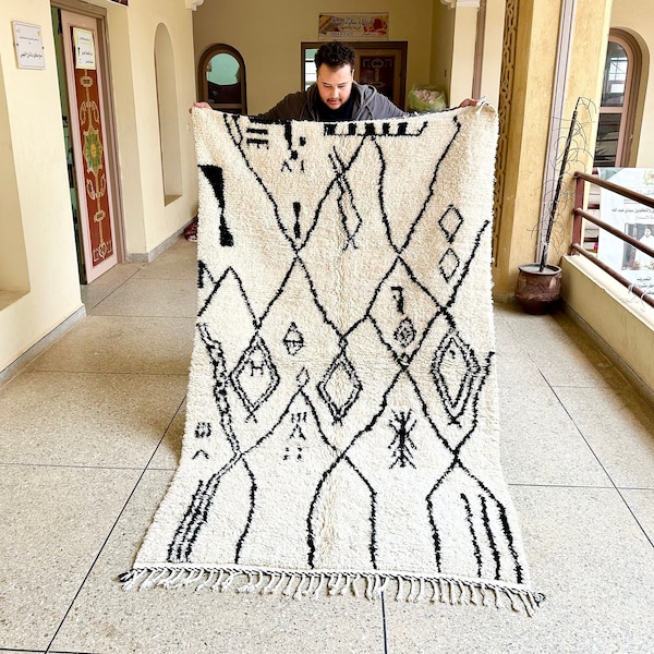 Modern Moroccan Rug, White and Black Striped Beni Ourain Rug, Custom Handwoven Sheep Wool Rug, Berber Area Carpet for Minimalist Living Room