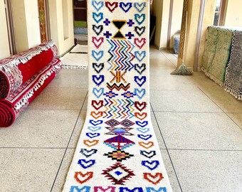 Moroccan Runner Rug, White and Multicolor Abstract Runner, Custom Handmade Sheep Wool Rug, Hallway Runner for Bohemian & Eclectic Home Decor