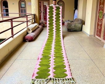 Handmade Custom Moroccan Runner - Pink and Green Wool Rug - Beni Ourain Hallway Runner rug - Striped Entryway Bohemian Carpet