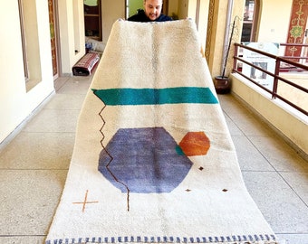 Cozy Moroccan Rug, White and Blue Beni Ourain Rug, Abstract Handmade Berber Rug, Sheep Wool Handwoven Area Carpet,Custom Rug for Living Room