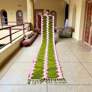 Handmade Moroccan Runner - Pink & Green Wool Beni Ourain Hallway Rug - Striped Bohemian Carpet