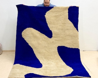 CUSTOM MADE RUG, Handcrafted Moroccan Wool Rug, Abstract Berber Carpet, Soft Beni Ourain Shag Rug, Ivory & Blue Interior Design Rug.