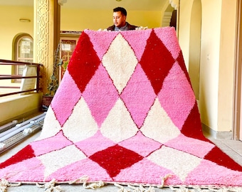 PINK RUG, Beni Ourain Moroccan Rug, Organic Wool Carpet, Durable Area Decor, Custom Berber Design, Geometric Pattern Shag Rug.