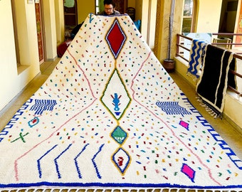 Authentic Moroccan Rug, Beni Ourain Handmade Rug, Bohemian Wool Area Rug, White and Blue Chic Berber Handwoven Azilal Carpet