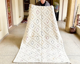 Hand Tufted Moroccan Rug – White Geometric Beni Ourain Wool Carpet – Custom Handmade Area Rug for Scandinavian Living Room