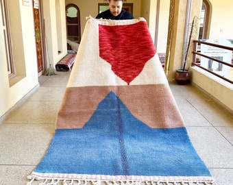HAND-CRAFTED RUG, Shaggy Moroccan-Style Area Rug, Natural Wool Beni Ourain Rug, Abstract Pattern Berber Carpet, Multicolor Scandi Decor.