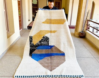 Moroccan Rug – White & Multicolor Abstract Beni Ourain Rug – Handmade Wool Berber Carpet – Custom Area Rug for Boho Home Décor