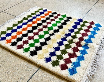 NEW STYLE MOROCCO, Beni Ourain Rug,3.2x2.6FT Checkered Rug, Funky Berber Rug, Colorful Symbols Rug, Moroccan Area Rug, Handmade Rug