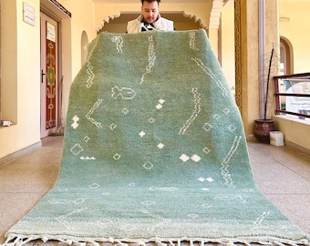 BENI OURAIN DESIGN, Marvelous Berber Carpet, Abstract Moroccan Rug, Handmade Green & White Wool Rug, Personalized Fluffy Area Decor.
