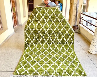 ALFOMBRA DE LANA ARTÍSTICA, alfombra blanca y verde hecha a medida, alfombra bereber hecha a mano, alfombra de área geométrica marroquí-alfombra boho simbólica tejida-alfombra Beni Ourain
