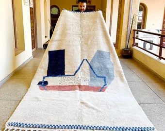 Moroccan Rug – Blue & White Abstract Beni Ourain Rug – Handmade Wool Berber Carpet for Boho and Scandinavian Home Decor
