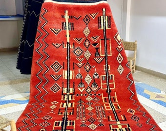Moroccan Rug - Red and Black Abstract Beni Ourain Wool Carpet - Custom Handmade Area Rug for Bohemian Home Decor