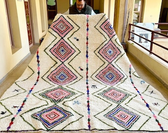 Geometric Moroccan Rug, White and Green Handmade Beni Ourain Wool Carpet, Berber Handwoven Area Rug, Custom Soft Sheep Wool Rug