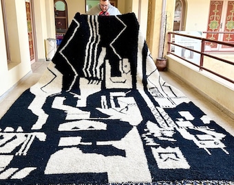 DECORATIVE MOROCCAN RUG, Beni Ourain Style Rug, Soft Natural Wool Berber Rug, Made-to-Order Floor Rug, Minimalist Black & White Carpet.